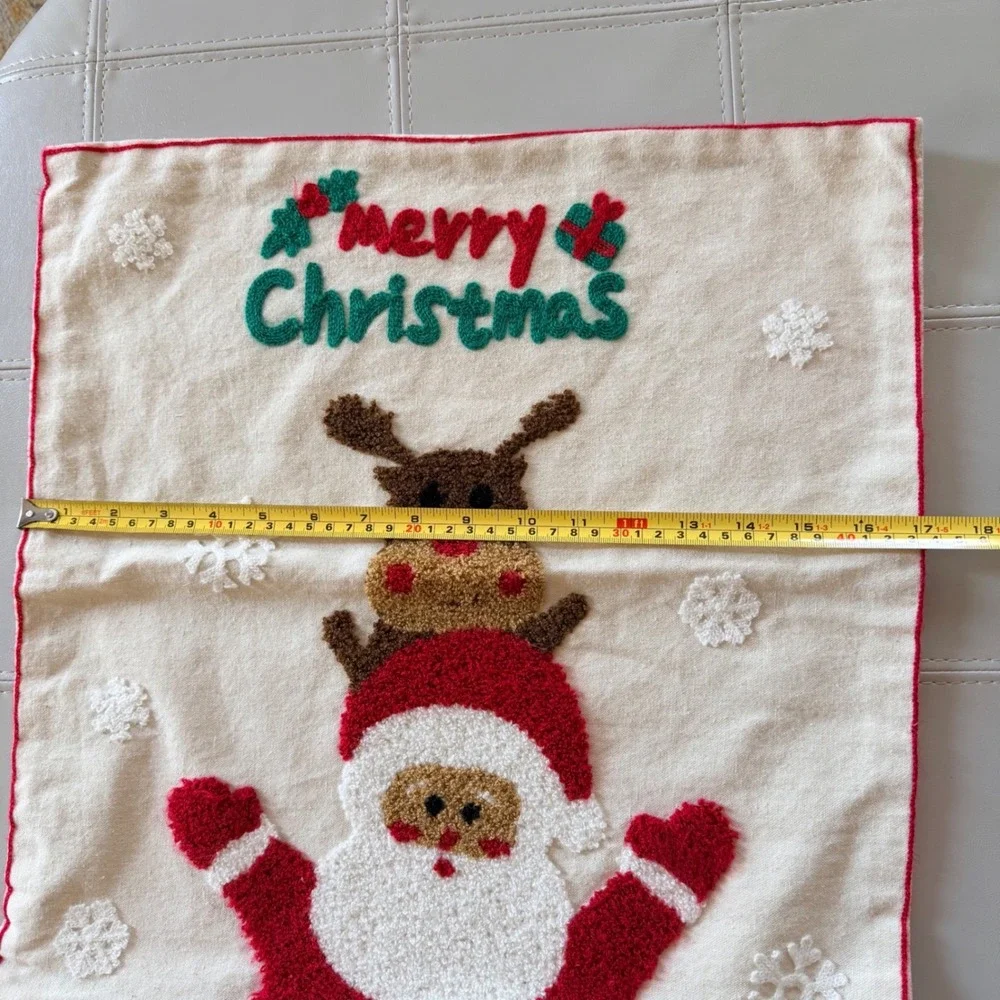 Christmas Pillow Covers Set of 2 Cream Santa Reindeer Tufted 17x17 Farmhouse
